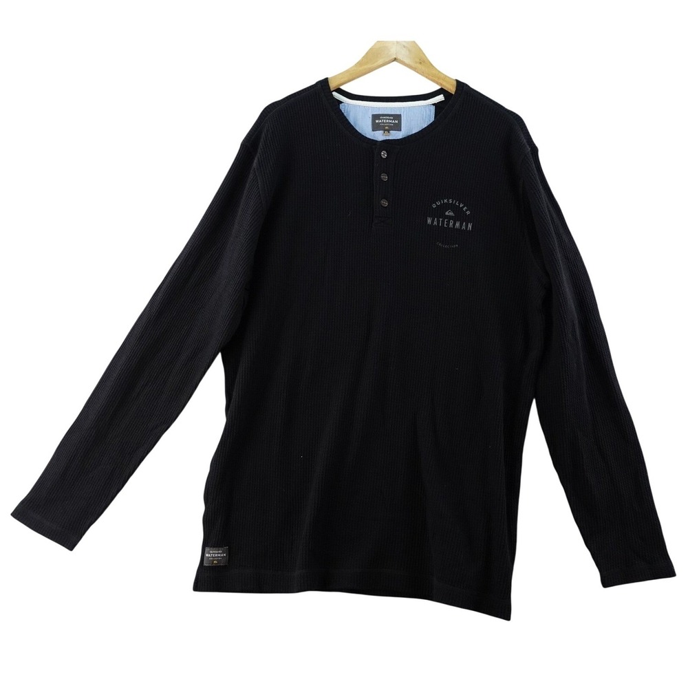 Quiksilver Mens XL Black Waffle Knit Henley Shirt Y2K‎ Skater Grunge Waterman